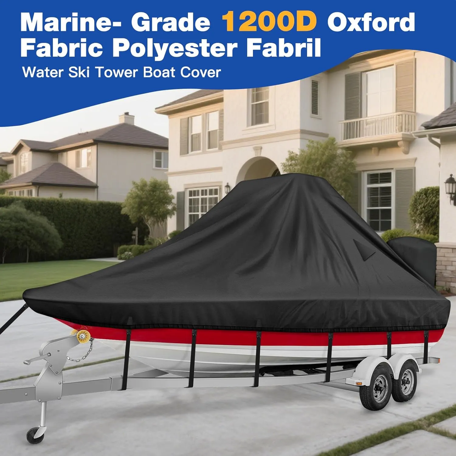 1200D Wake Tower Boat Cover,Heavy Duty Waterproof Wakeboard Boat Cover with Adjustable Metal Buckle,Fits 25ft - 27ft V-Hull Boats with Ski/Wakeboard Tower,Black