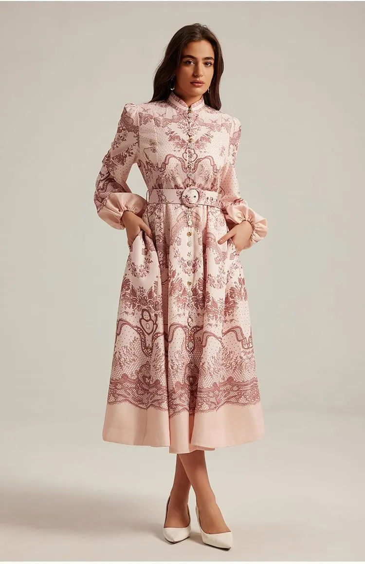 2025 Real Retro French Court Long Sleeve Dress with Classic Print