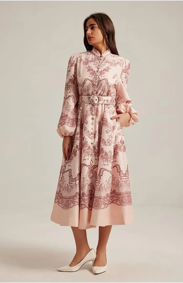 2025 Real Retro French Court Long Sleeve Dress with Classic Print