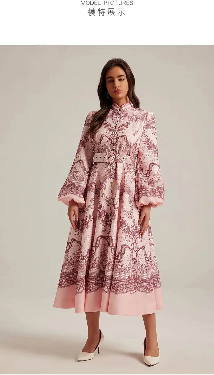 2025 Real Retro French Court Long Sleeve Dress with Classic Print