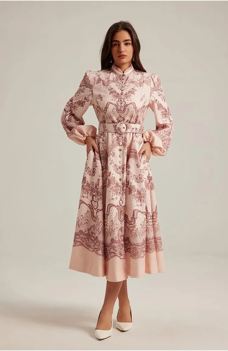 2025 Real Retro French Court Long Sleeve Dress with Classic Print