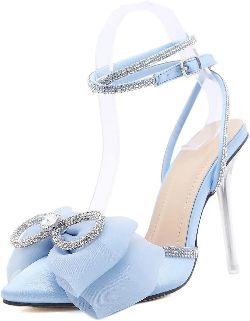 Arqa Pumps for Women Rhinestone Ankle Strap Sandals Clear Heel Satin Stiletto Dress Slingback Shoes