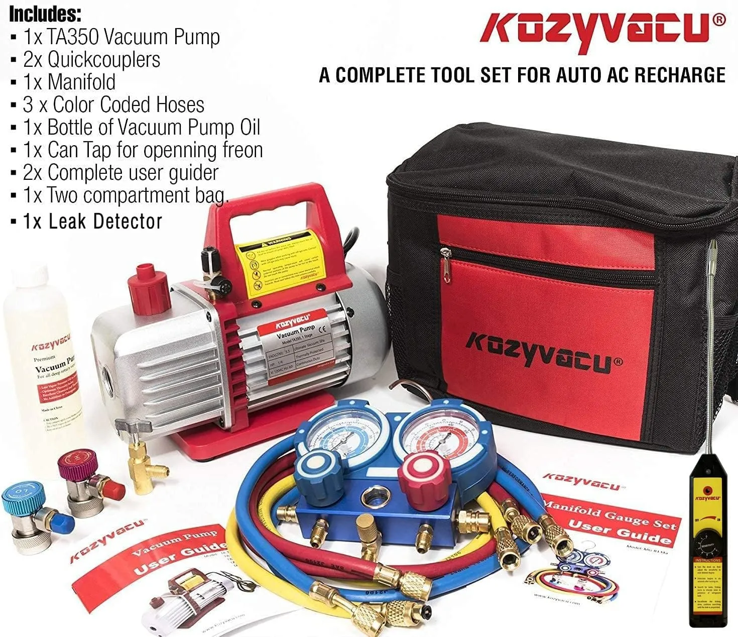 AUTO AC Repair Complete Tool Kit - 1-Stage 3.5 CFM Vacuum Pump, HVAC Manifold Gauge Set, Hoses, and Freon Leak Detector, Ideal for Automotive, Mini Split, and Refrigeration App (KZTA350F )