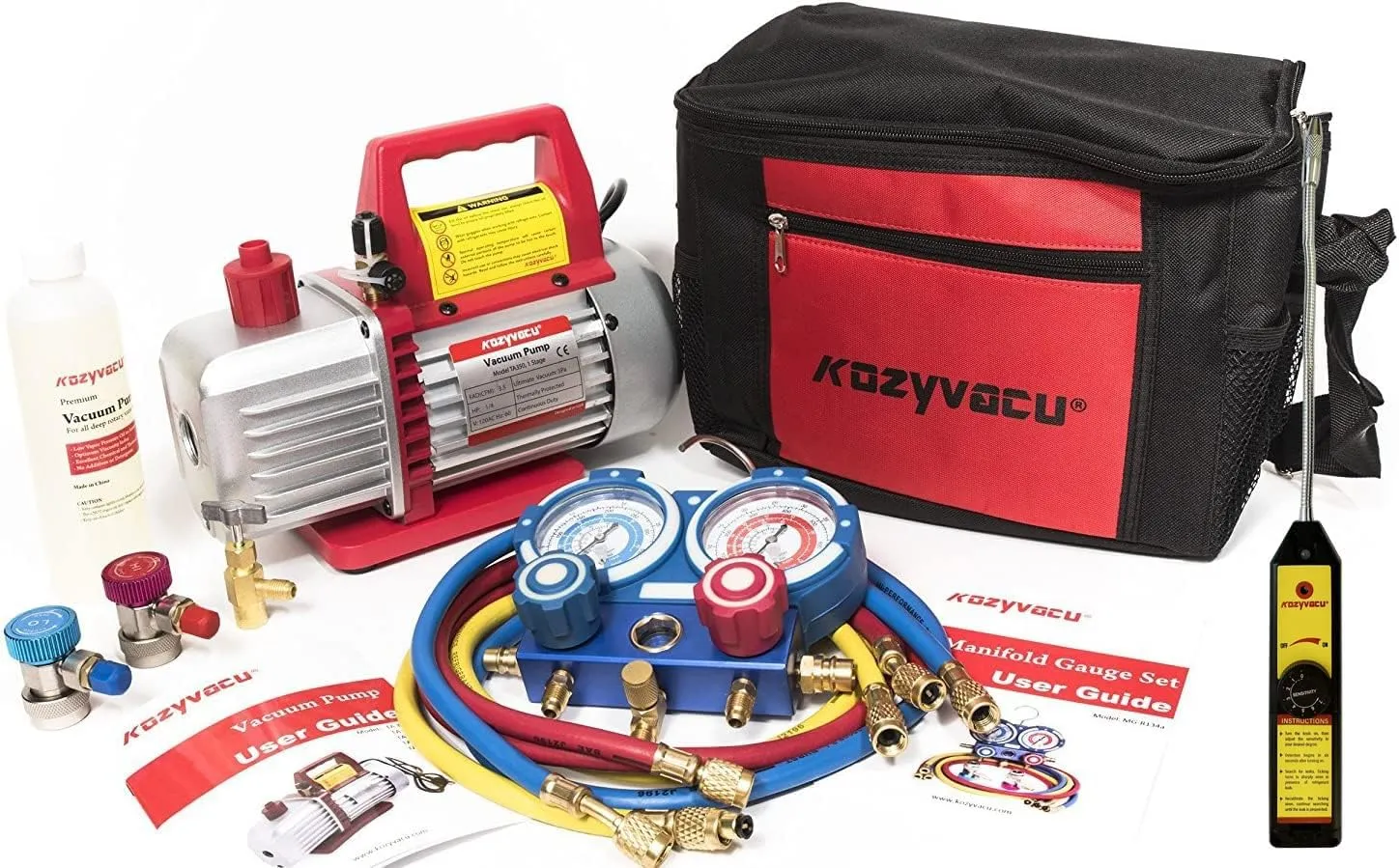 AUTO AC Repair Complete Tool Kit - 1-Stage 3.5 CFM Vacuum Pump, HVAC Manifold Gauge Set, Hoses, and Freon Leak Detector, Ideal for Automotive, Mini Split, and Refrigeration App (KZTA350F )