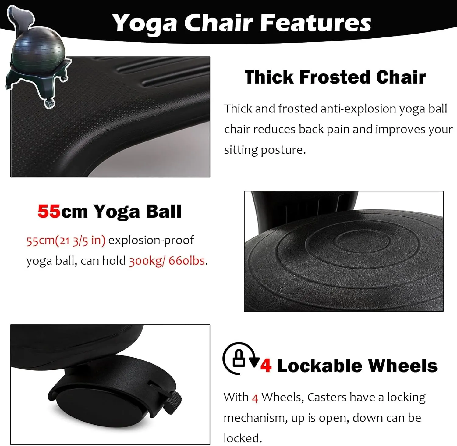 Ball Chair with Back Support, Yoga Ball Seat for Office Chair with 4 Lockable Wheels/Foot Pump, Balance Balls Chairs for Corrective Sitting/Rehabilitative(Yoga Ball - Green)