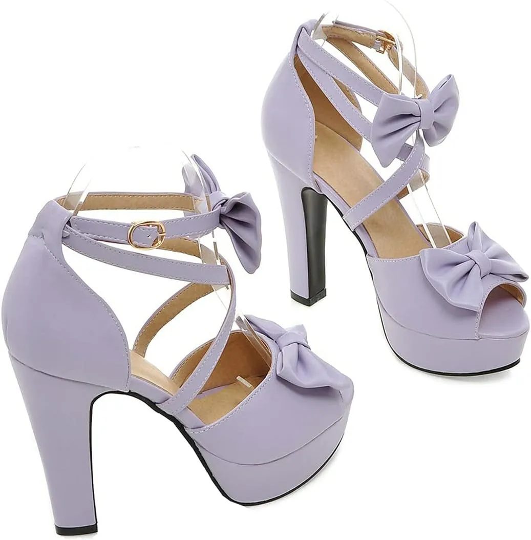 BEAUPAS Women's Peep Toe Chunky Block High Heels Platform Sandals Buckle Ankle Strappy Heeled Sandals Cute Bow Shoes