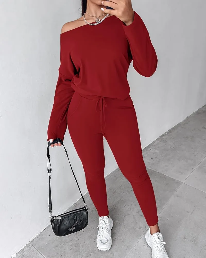 CHICME Women Tracksuit Fall 2 piece Outfits Long Sleeve Crewneck Pullover Tops and Pants Set