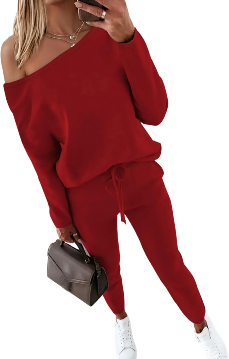 CHICME Women Tracksuit Fall 2 piece Outfits Long Sleeve Crewneck Pullover Tops and Pants Set
