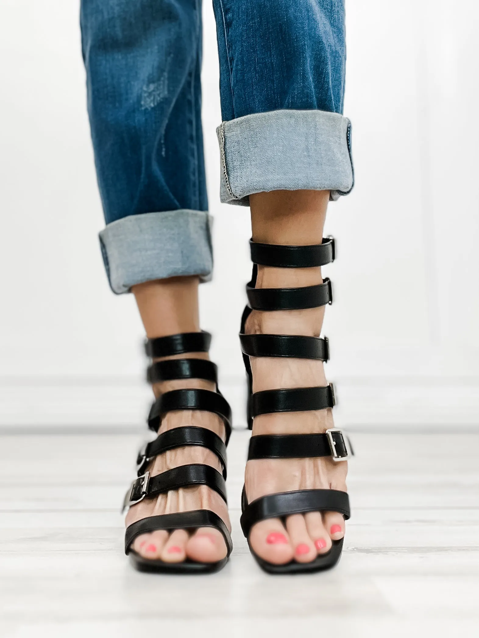 Corkys Buckle Down Block Heel Sandals in Black