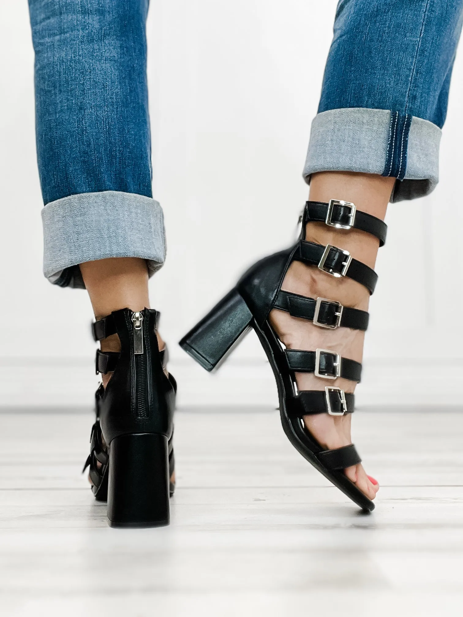 Corkys Buckle Down Block Heel Sandals in Black