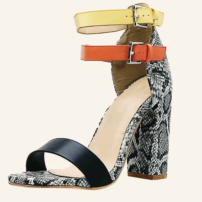 Creamtopmall Two-color Buckles Snake Print Peep Toe Sandals