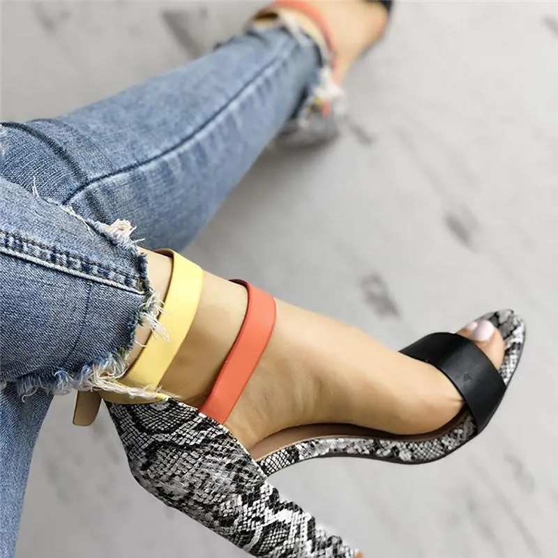 Creamtopmall Two-color Buckles Snake Print Peep Toe Sandals