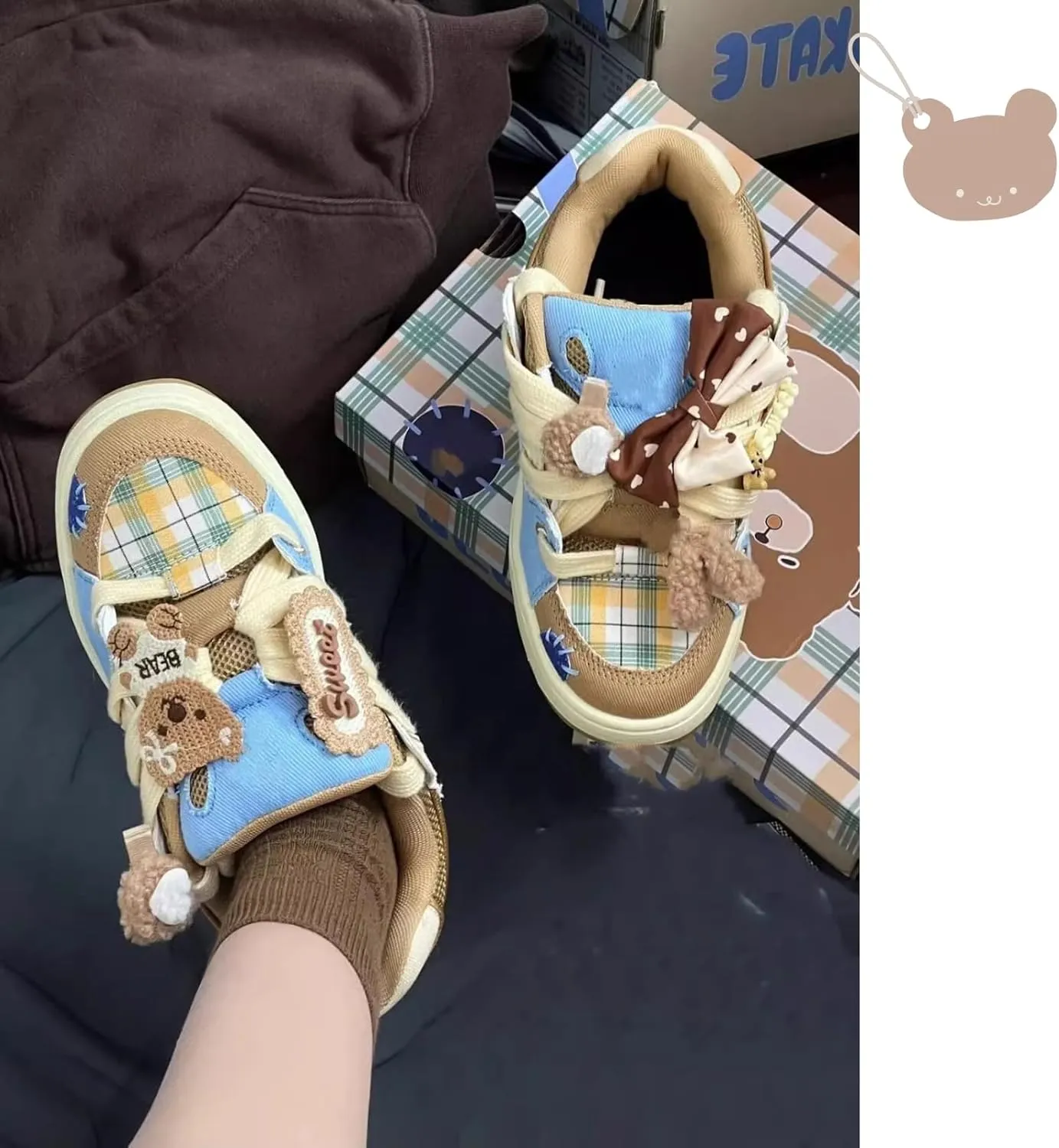 Cute Bear Platform Shoes - Kawaii Chunky Sneakers, Aesthetic Canvas and Denim Casual Shoes with Fun Attachments
