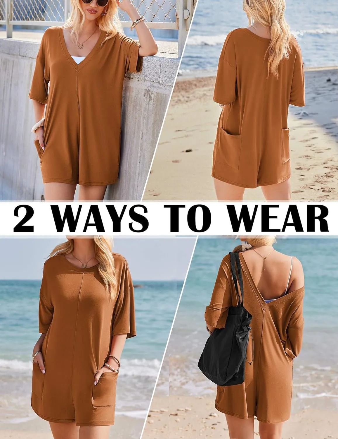 Ekouaer Summer Rompers for Women 2025 Short Sleeve Oversized Reversible Baggy T-shirt Romper Jumpsuit Outfits with Pockets