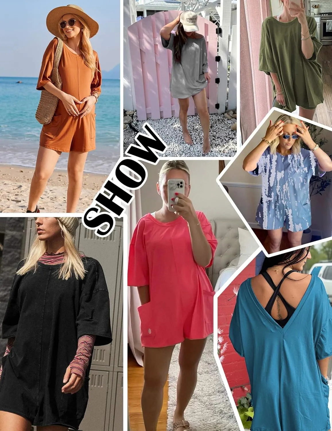 Ekouaer Summer Rompers for Women 2025 Short Sleeve Oversized Reversible Baggy T-shirt Romper Jumpsuit Outfits with Pockets