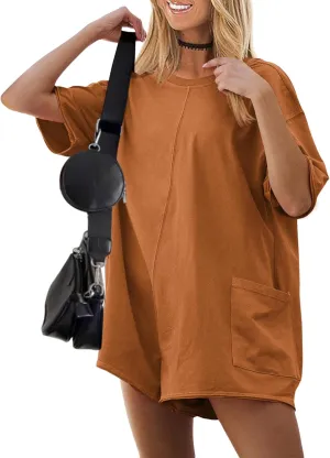 Ekouaer Summer Rompers for Women 2025 Short Sleeve Oversized Reversible Baggy T-shirt Romper Jumpsuit Outfits with Pockets