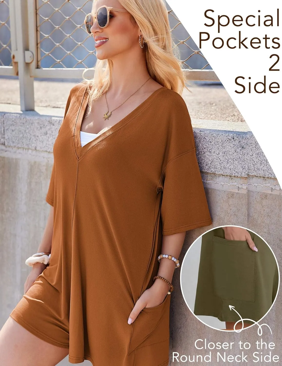 Ekouaer Summer Rompers for Women 2025 Short Sleeve Oversized Reversible Baggy T-shirt Romper Jumpsuit Outfits with Pockets