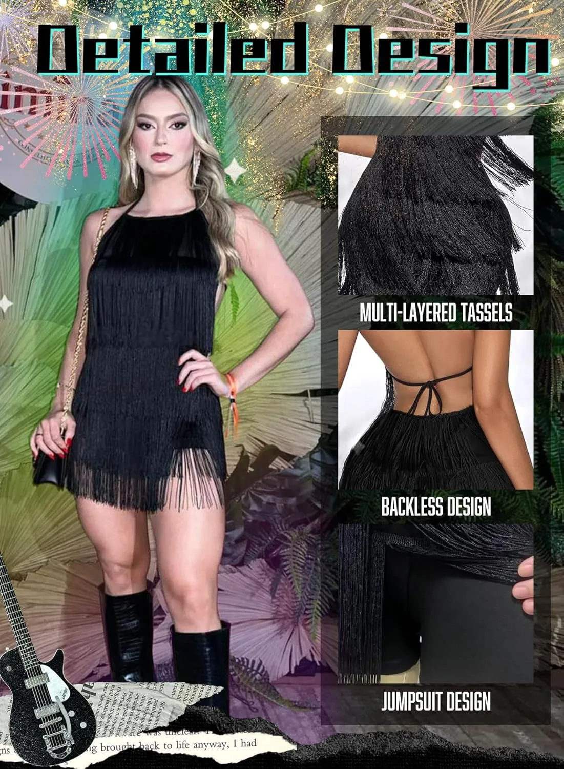 Ella Lust Sexy Backless Fringe Dress Jumpsuit - Western Country Concert Cowgirl Outfit for Women Nashville Tassel Romper