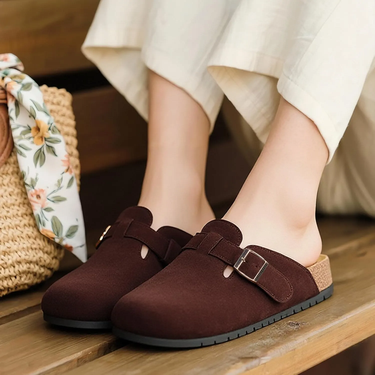 EVELLYHOOTD Clogs for Women Men Comfortable Suede Clogs Leather Mules Cork Footbed Sandals with Arch Support(with Socks)
