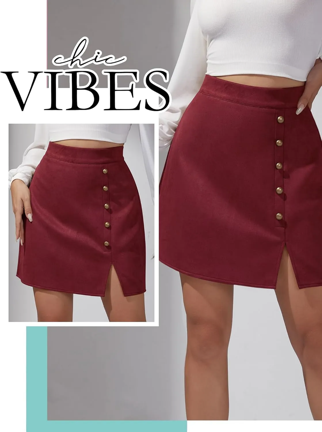 Ezcosplay Women Faux Suede Mini Skirt with Slit High Waisted Button Front A-Line Bodycon Short Skirts