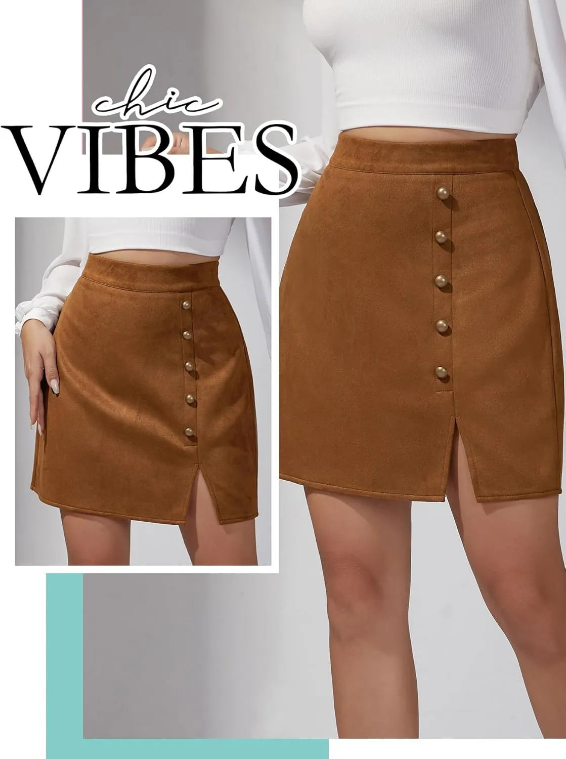 Ezcosplay Women Faux Suede Mini Skirt with Slit High Waisted Button Front A-Line Bodycon Short Skirts