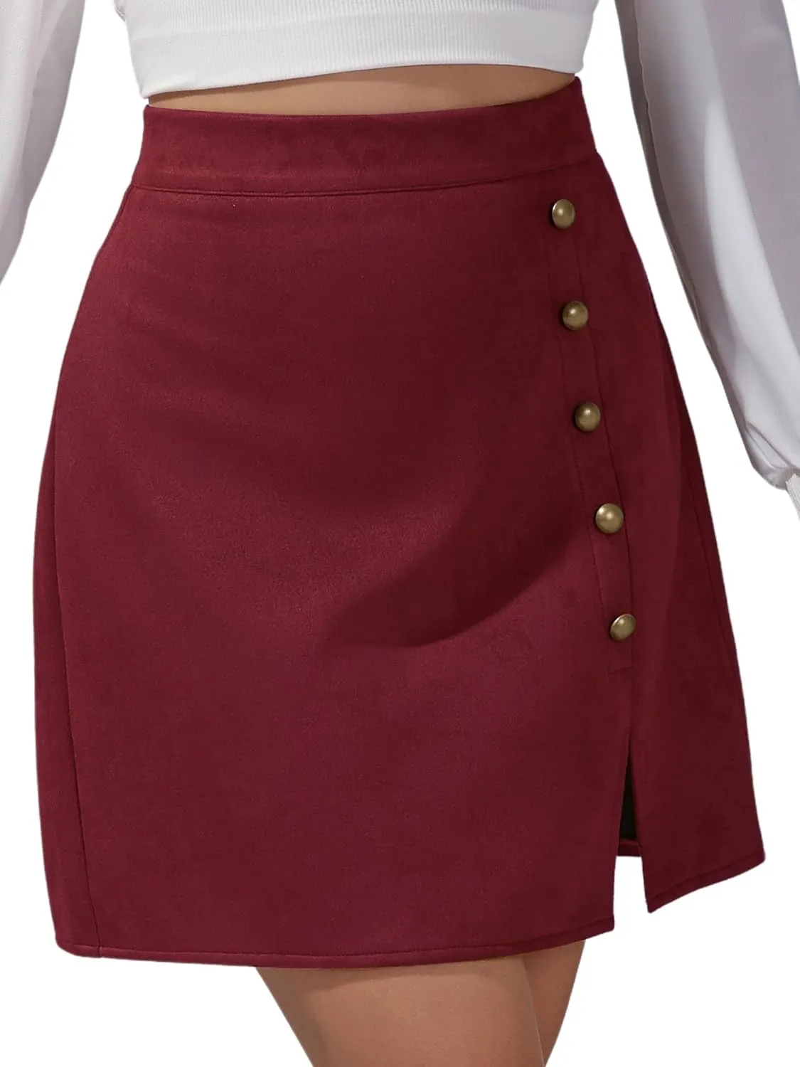 Ezcosplay Women Faux Suede Mini Skirt with Slit High Waisted Button Front A-Line Bodycon Short Skirts