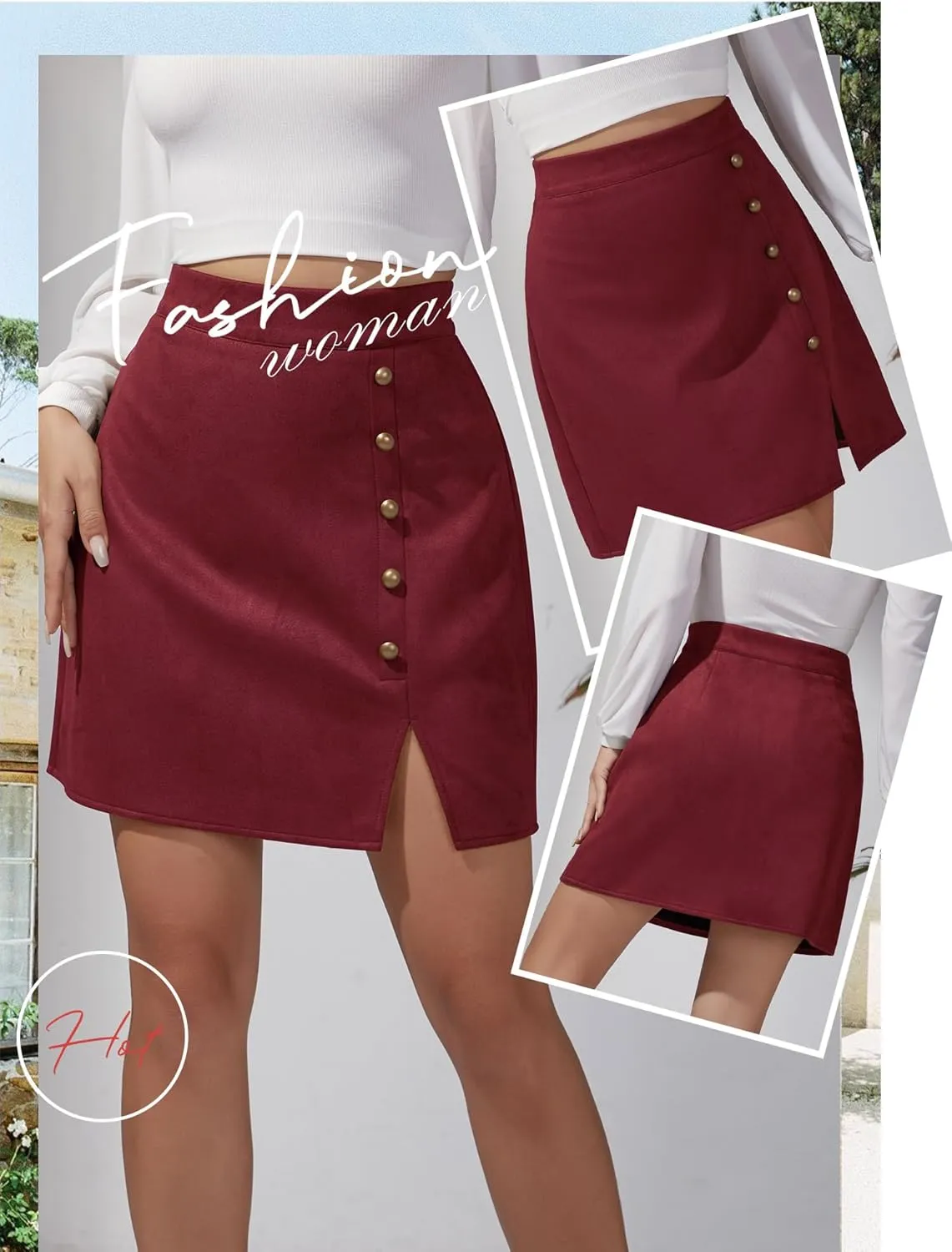 Ezcosplay Women Faux Suede Mini Skirt with Slit High Waisted Button Front A-Line Bodycon Short Skirts