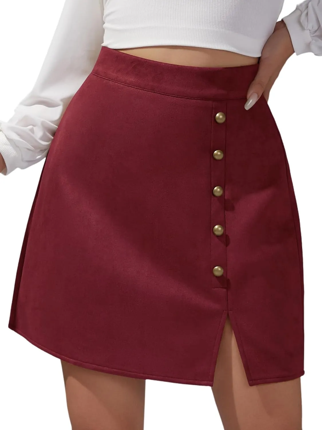 Ezcosplay Women Faux Suede Mini Skirt with Slit High Waisted Button Front A-Line Bodycon Short Skirts