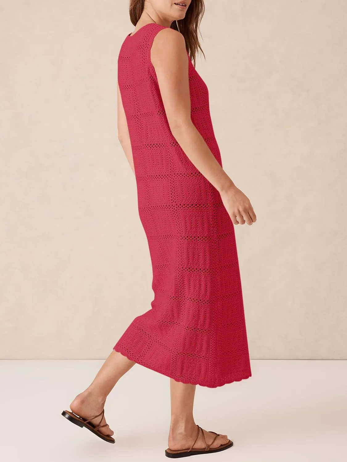 Fisoew Womens Crochet Sleeveless Dress Casual Summer V Neck Boho Knit Cover Up Beach Vacation Midi Tank Dresses