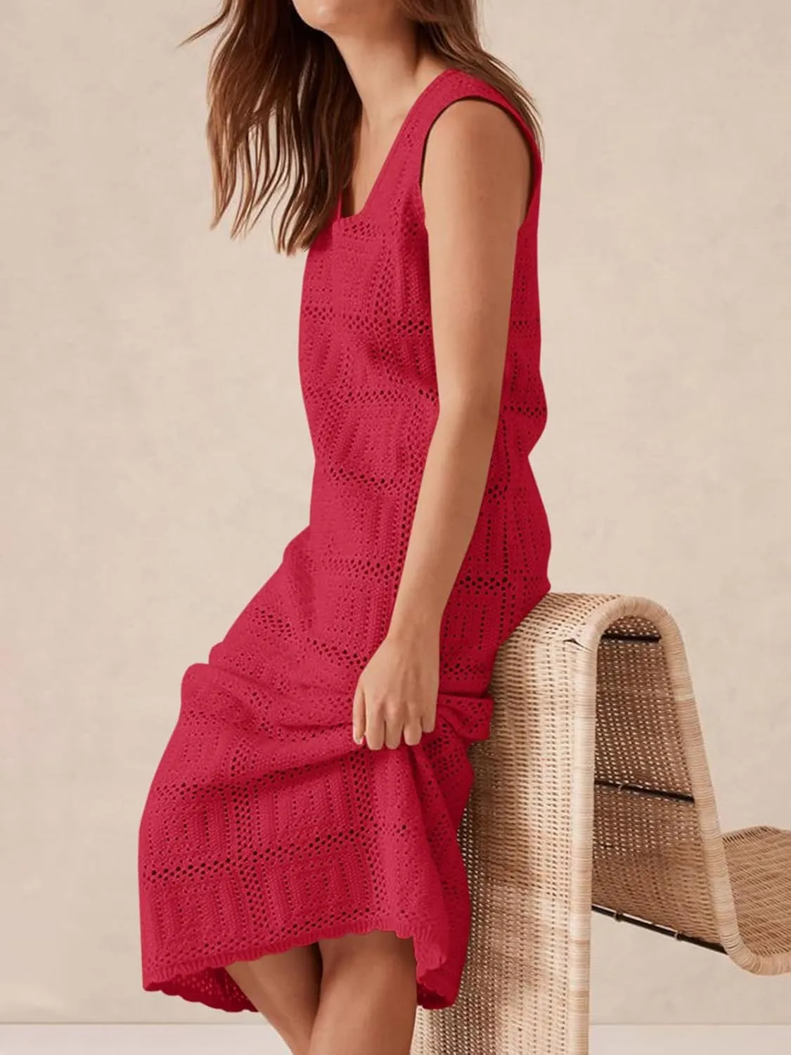 Fisoew Womens Crochet Sleeveless Dress Casual Summer V Neck Boho Knit Cover Up Beach Vacation Midi Tank Dresses