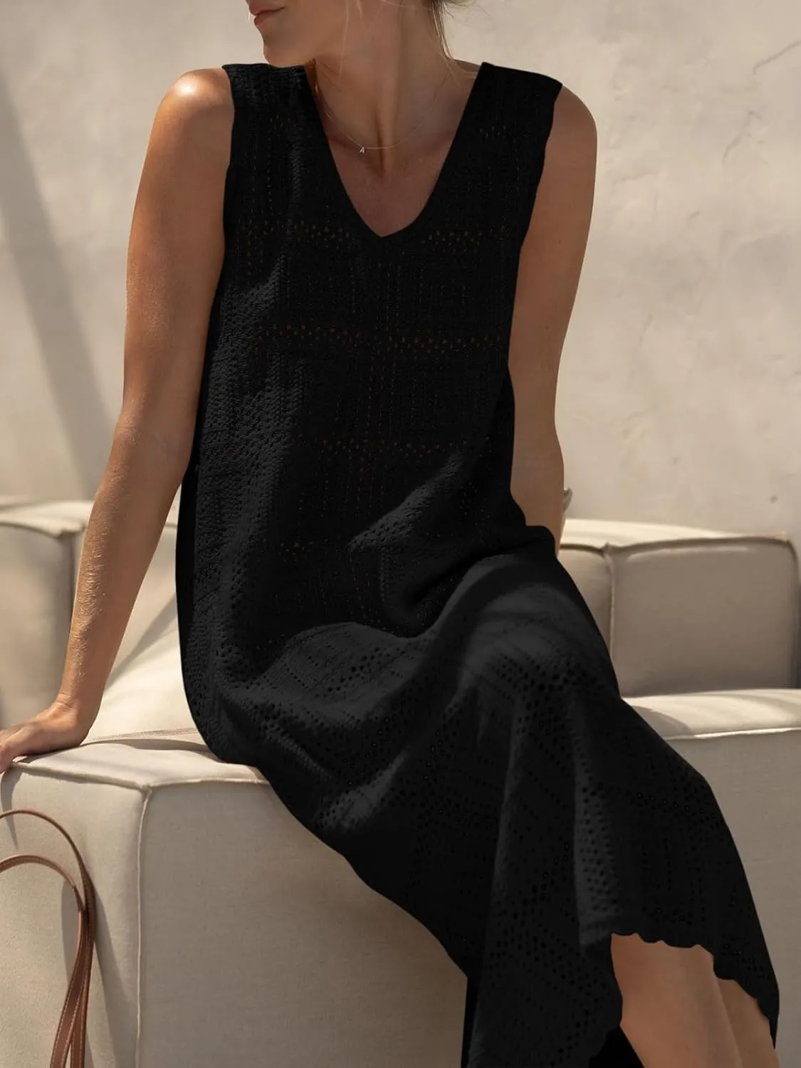 Fisoew Womens Crochet Sleeveless Dress Casual Summer V Neck Boho Knit Cover Up Beach Vacation Midi Tank Dresses
