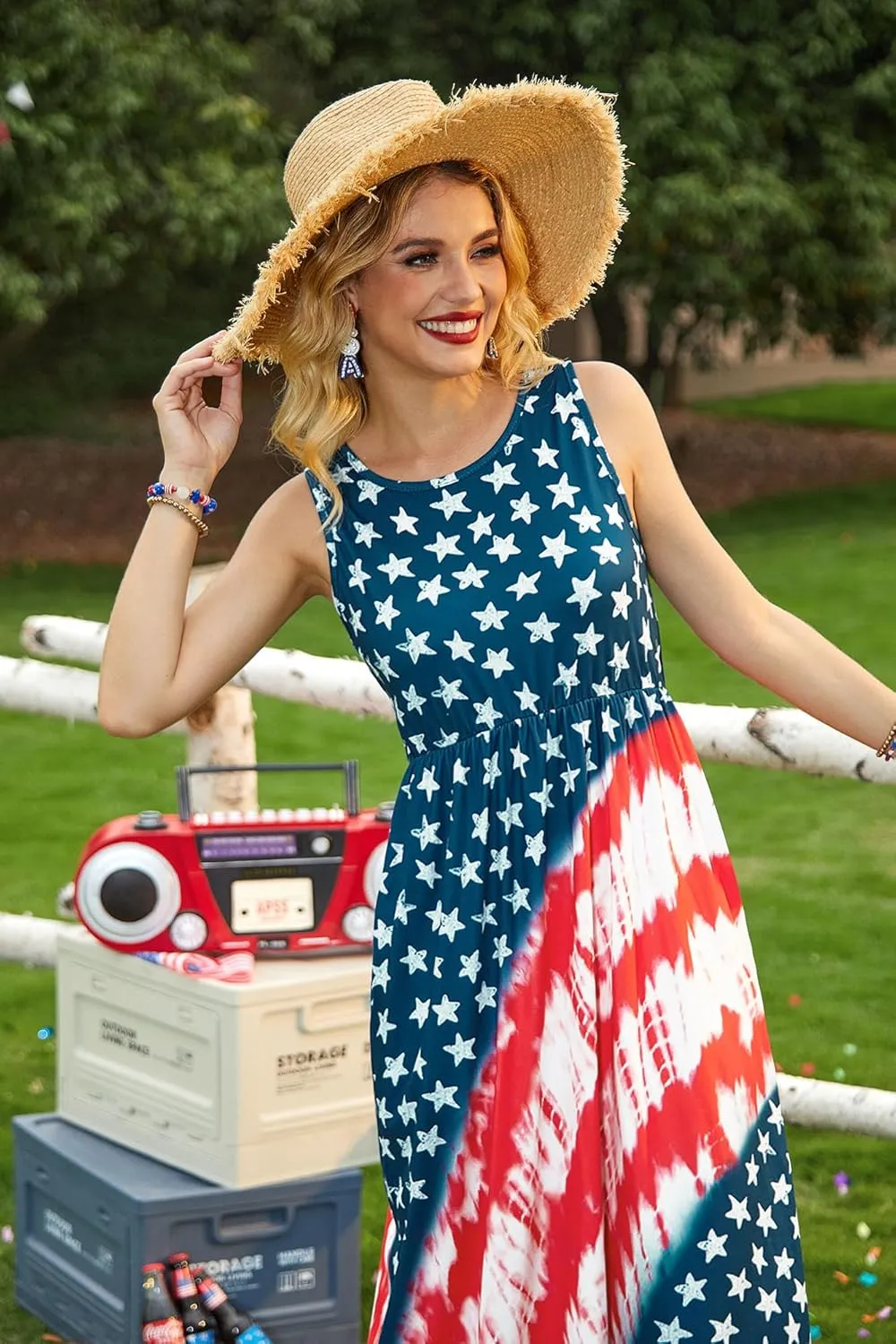 For G and PL Womens 4th of July American Flag Sleeveless Maxi Dress Patriotic Long Tank Sundress with Pockets