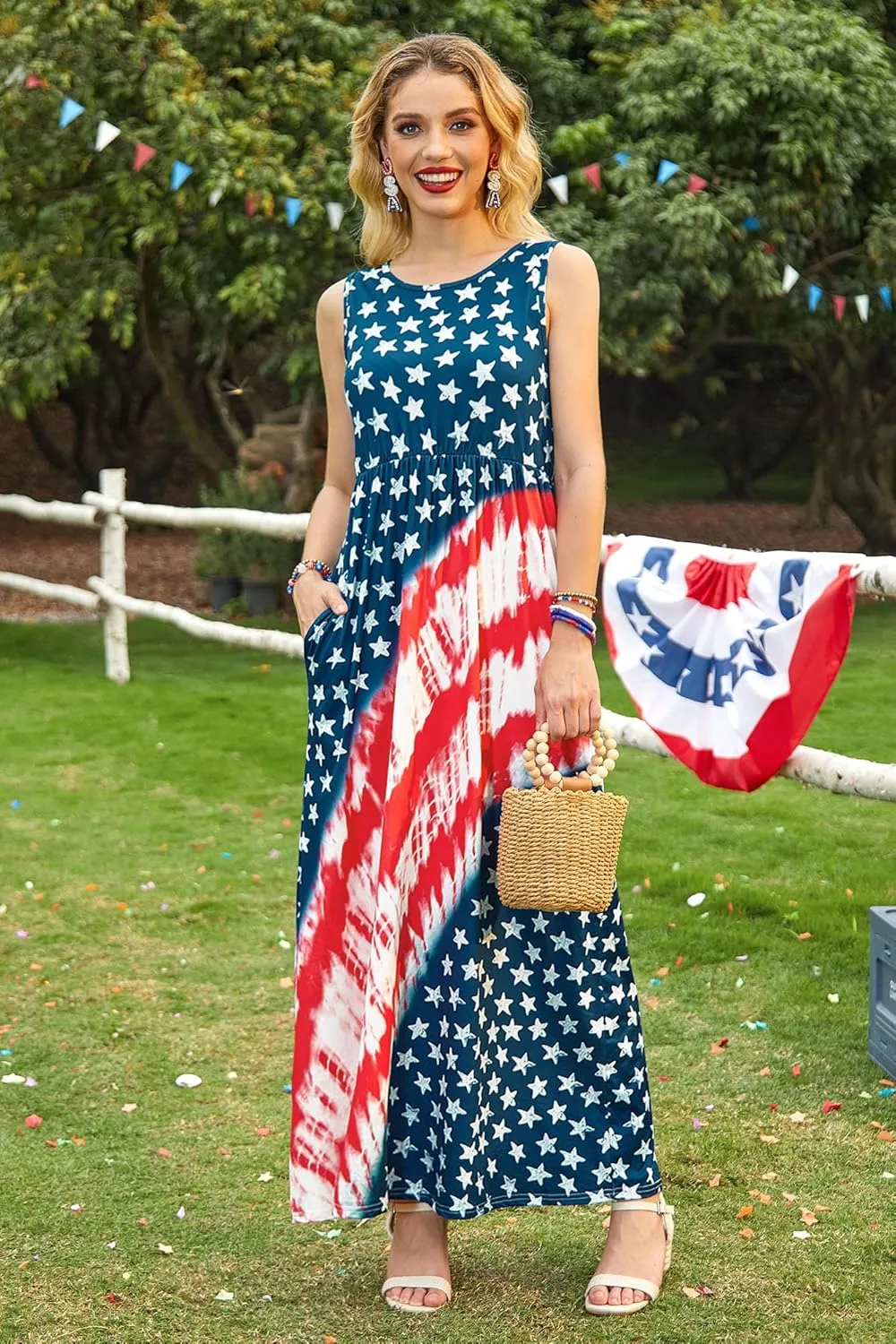 For G and PL Womens 4th of July American Flag Sleeveless Maxi Dress Patriotic Long Tank Sundress with Pockets