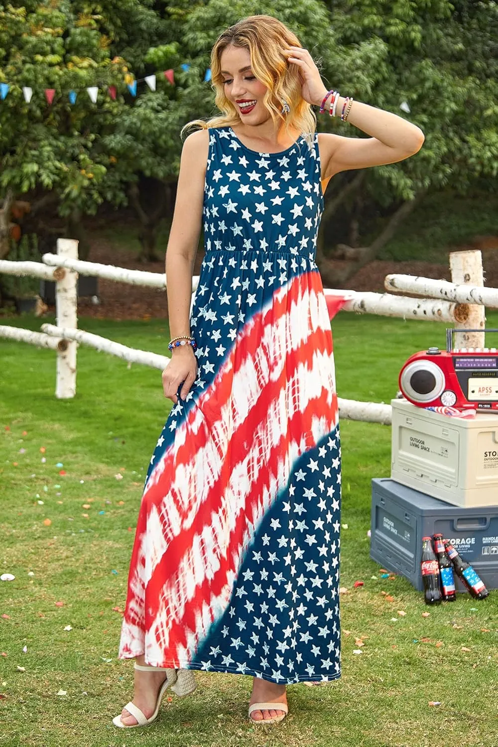 For G and PL Womens 4th of July American Flag Sleeveless Maxi Dress Patriotic Long Tank Sundress with Pockets