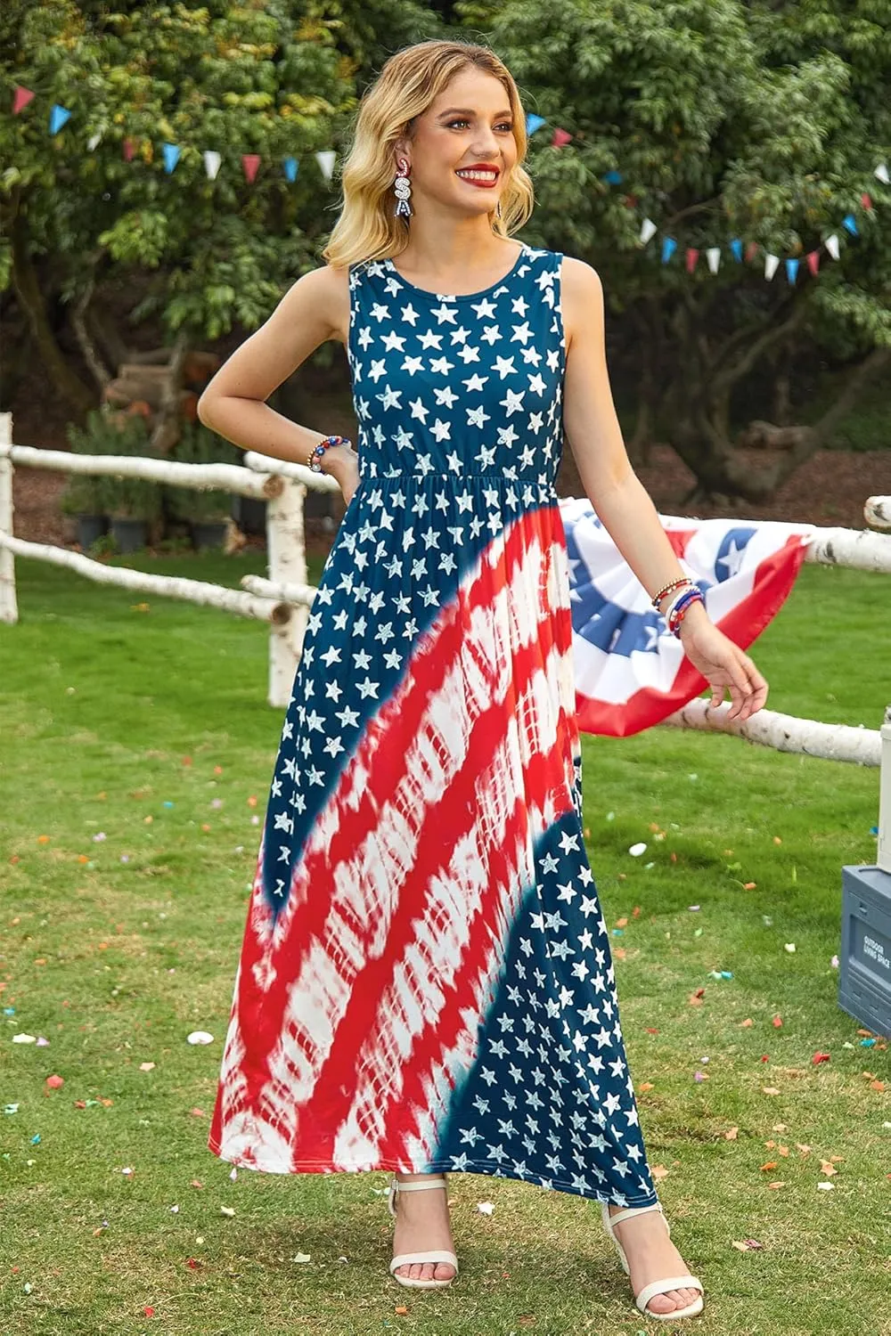 For G and PL Womens 4th of July American Flag Sleeveless Maxi Dress Patriotic Long Tank Sundress with Pockets