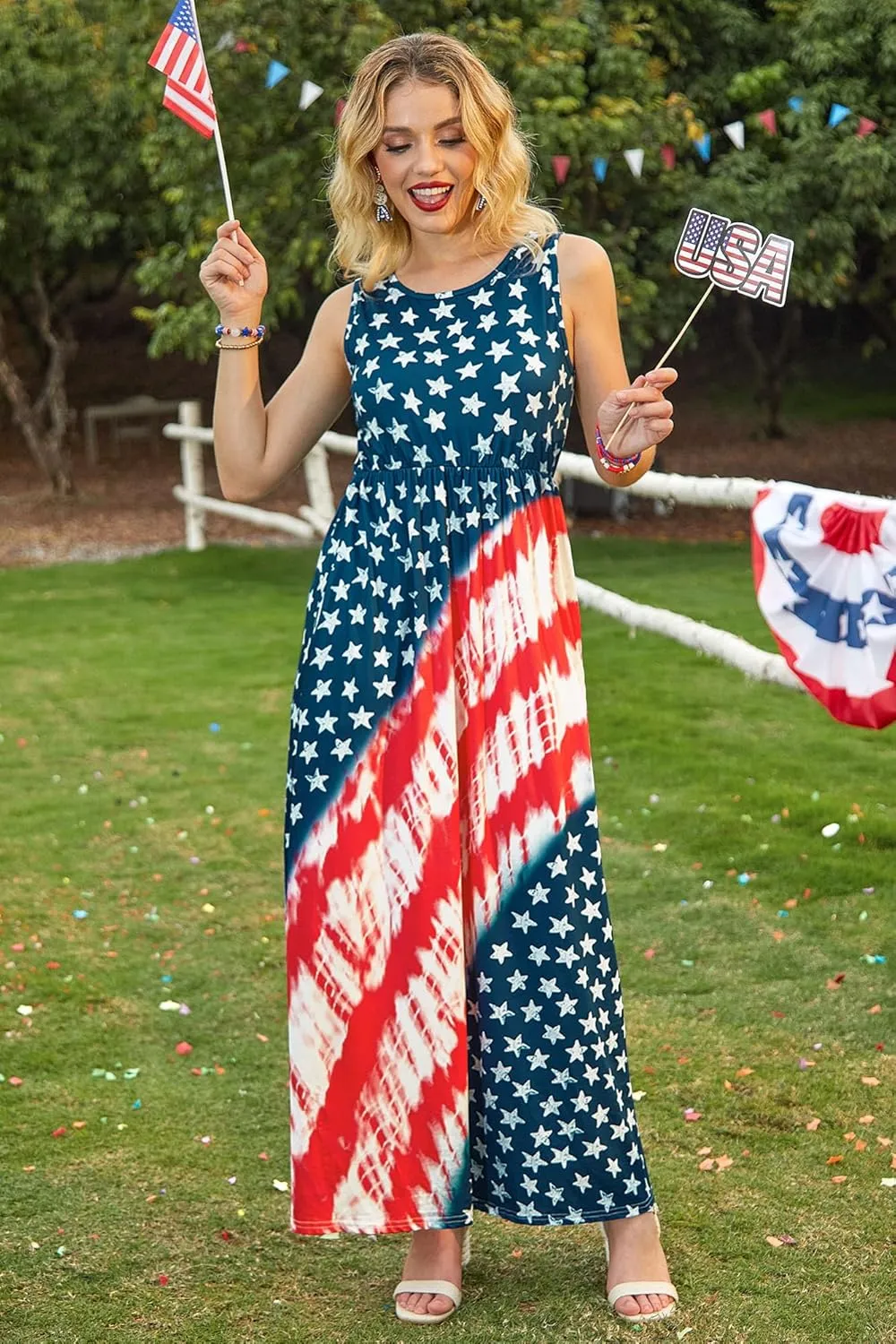 For G and PL Womens 4th of July American Flag Sleeveless Maxi Dress Patriotic Long Tank Sundress with Pockets