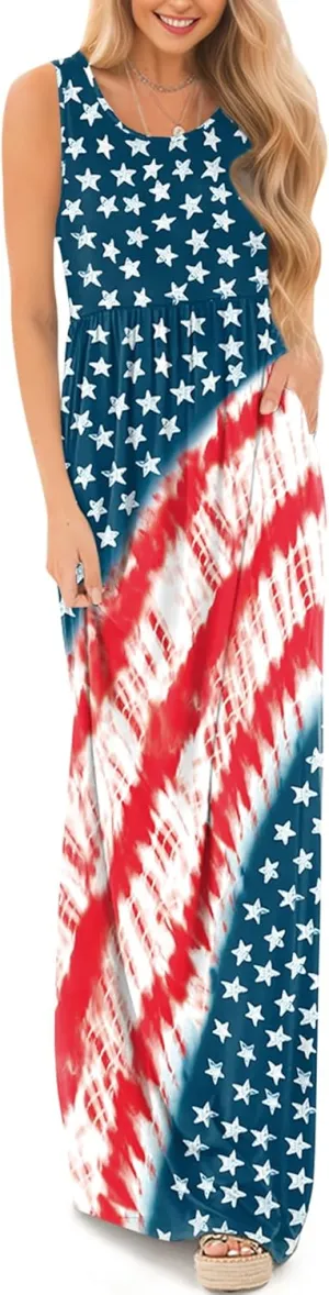 For G and PL Womens 4th of July American Flag Sleeveless Maxi Dress Patriotic Long Tank Sundress with Pockets