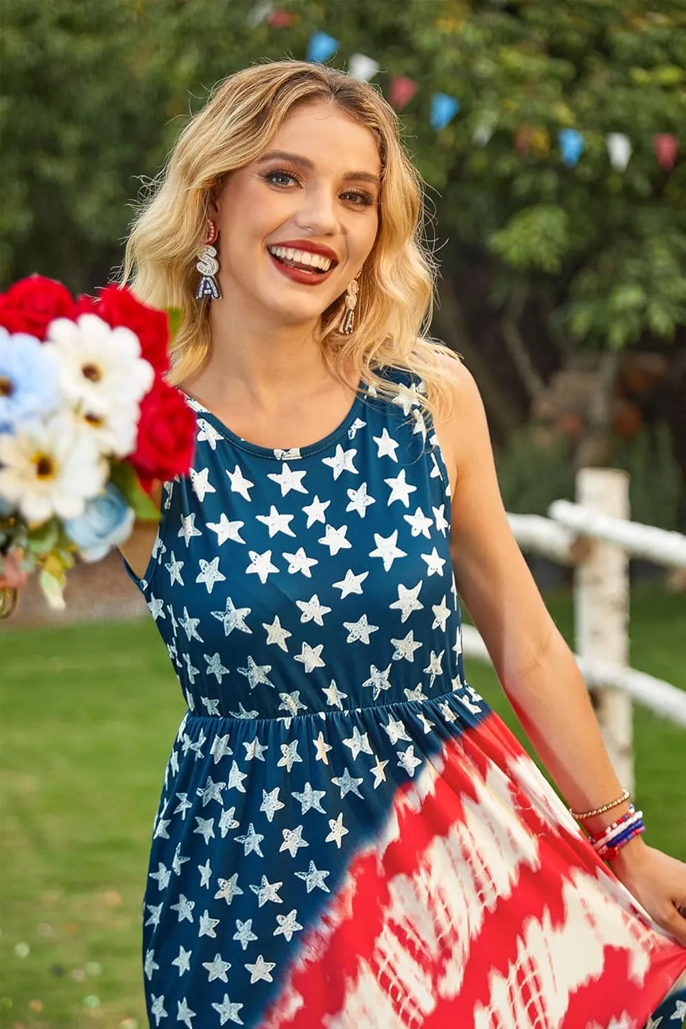 For G and PL Womens 4th of July American Flag Sleeveless Maxi Dress Patriotic Long Tank Sundress with Pockets