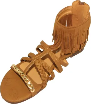 Forever Women's Yasmin-87 Strap & Fringe Rear Zipper Flat Sandals (10, Tan)