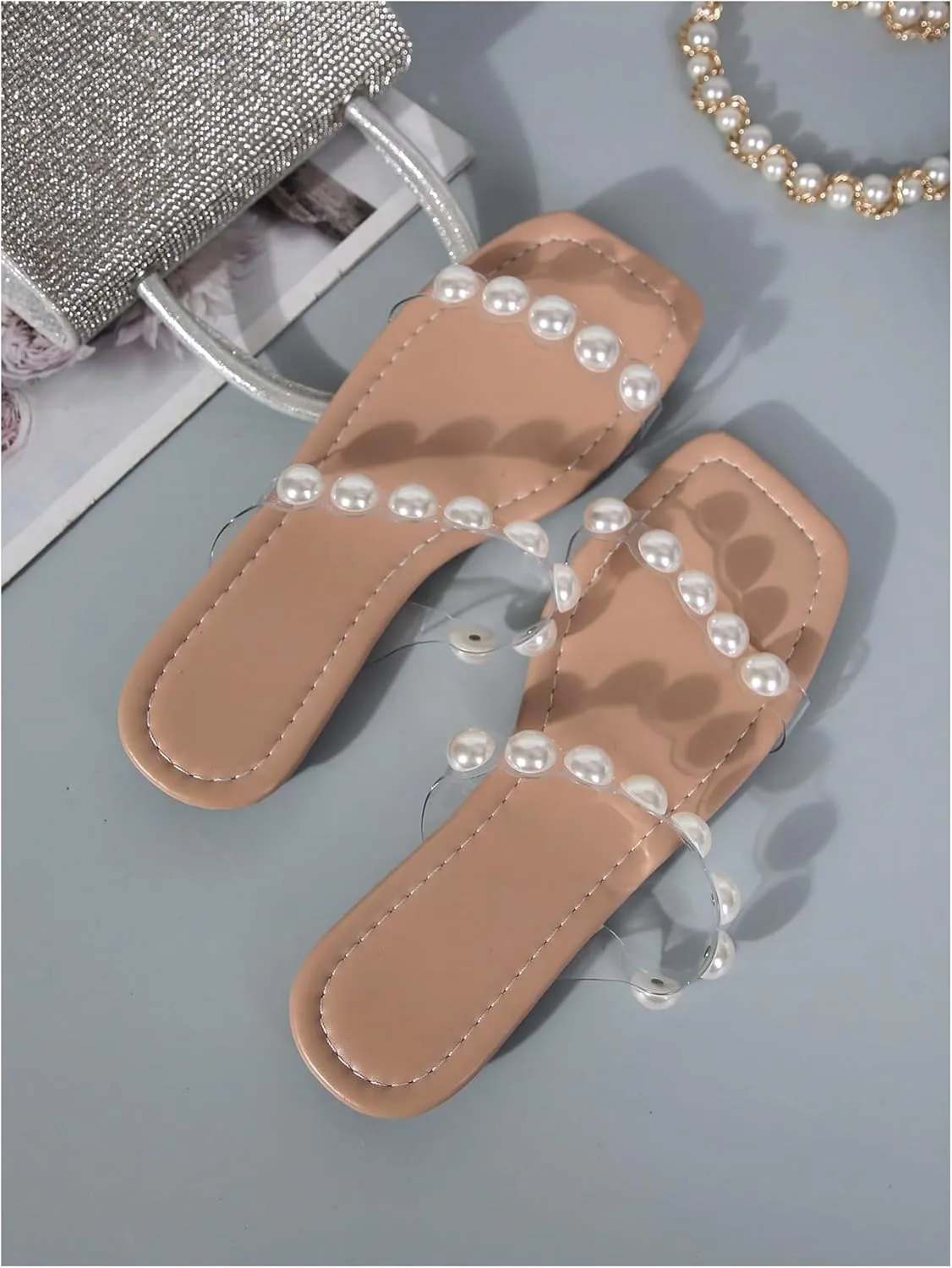GORGLITTER Women's Pearl Clear Sandals Two Strap Summer Open Toe Slides Sandals