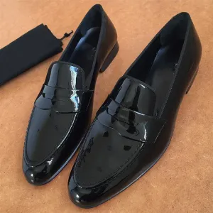 Handmade Black Patent Leather Loafers for Men