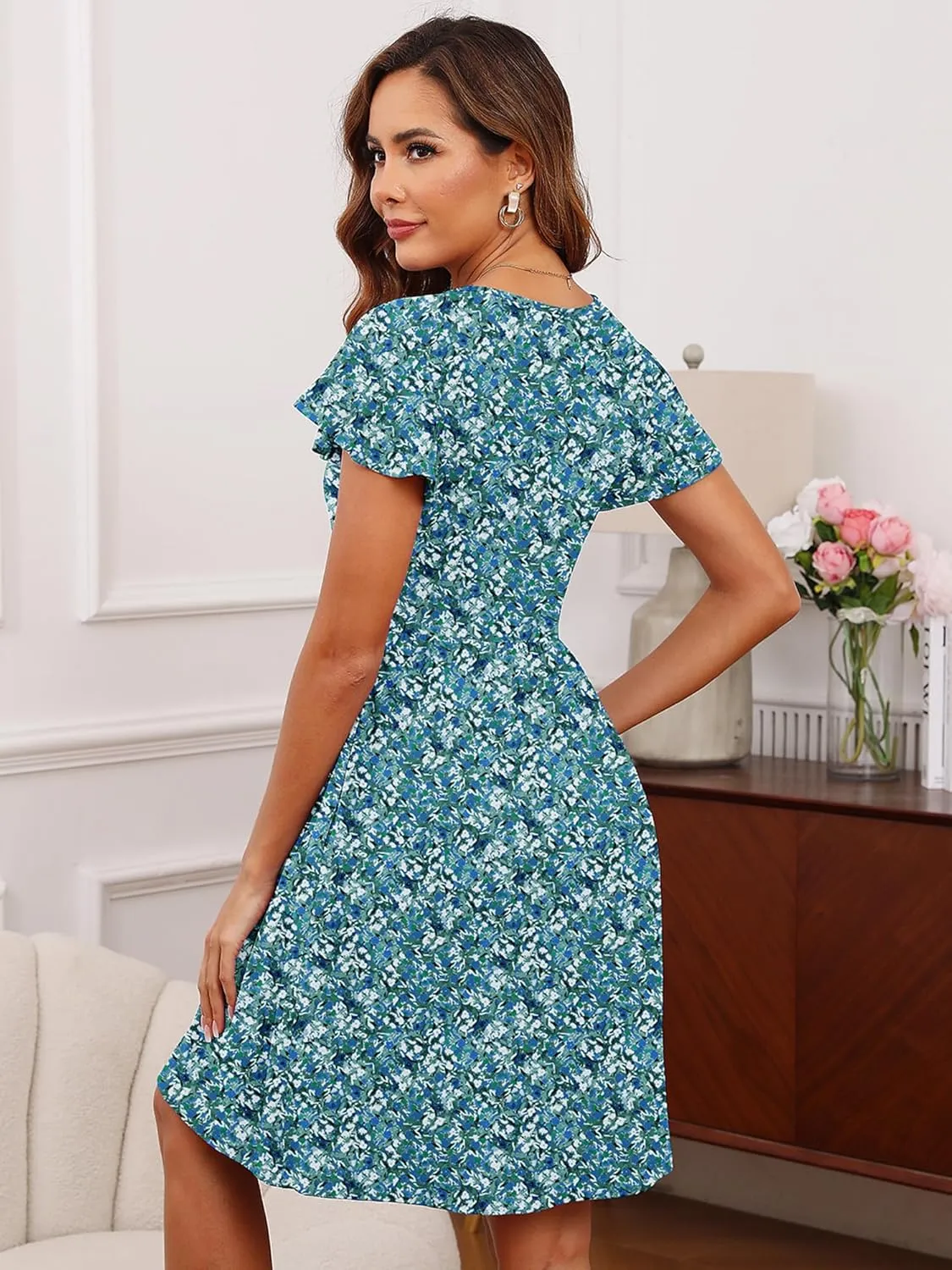 Heymoments Women Summer Dresses Ruffle Sleeve Casual V Neck Swing Button Down Midi Dress with Pockets