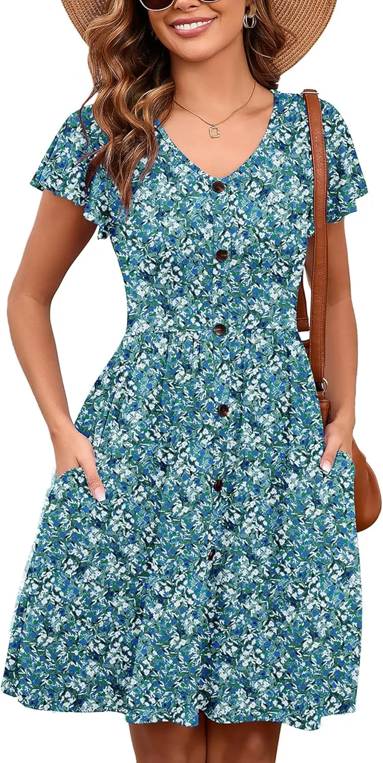 Heymoments Women Summer Dresses Ruffle Sleeve Casual V Neck Swing Button Down Midi Dress with Pockets