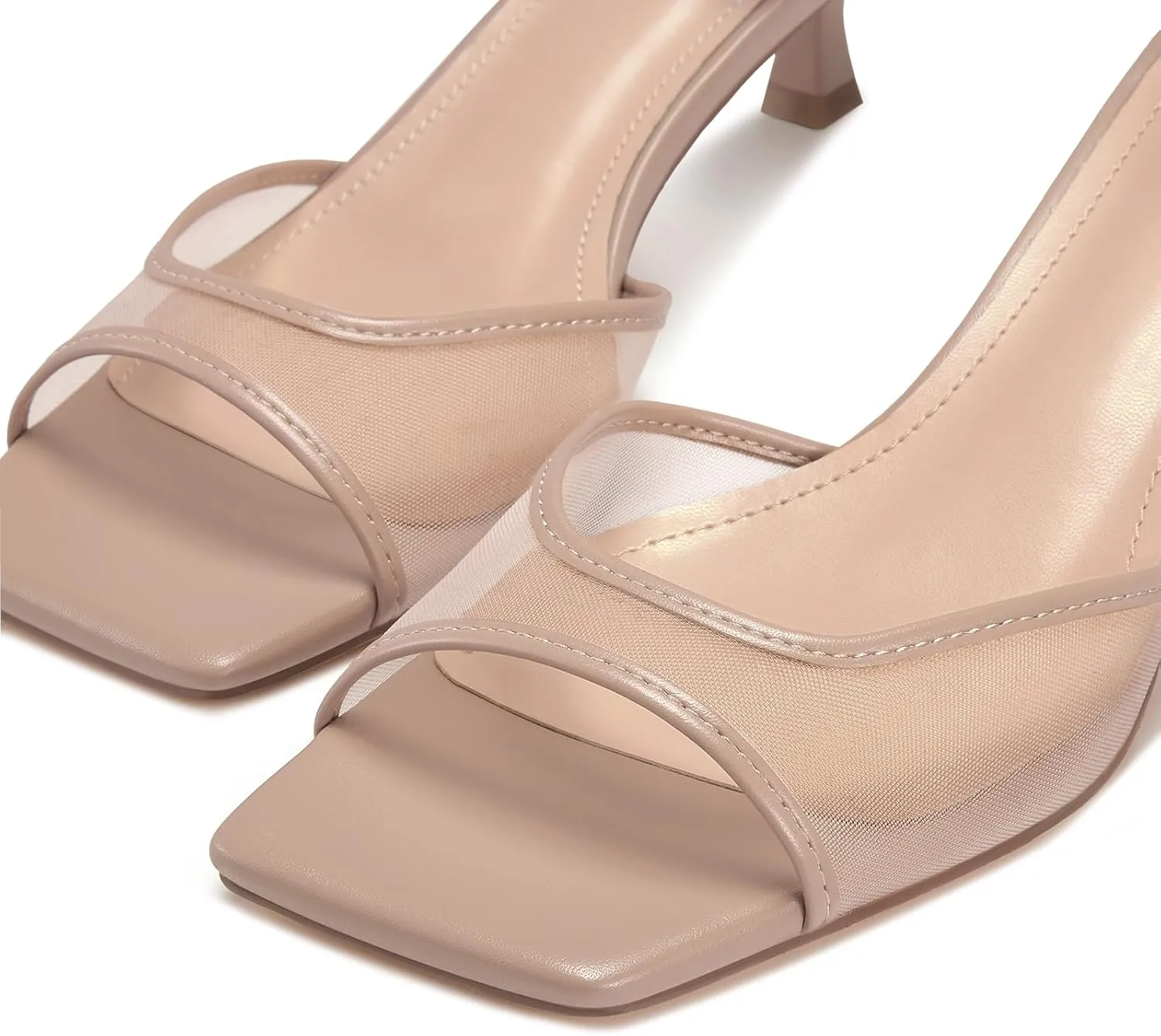 ISNOM Womens Mesh Kitten Heels Sandals Square Toe Ankle Buckle Strap Low Heels Comfort Summer Dress Shoes