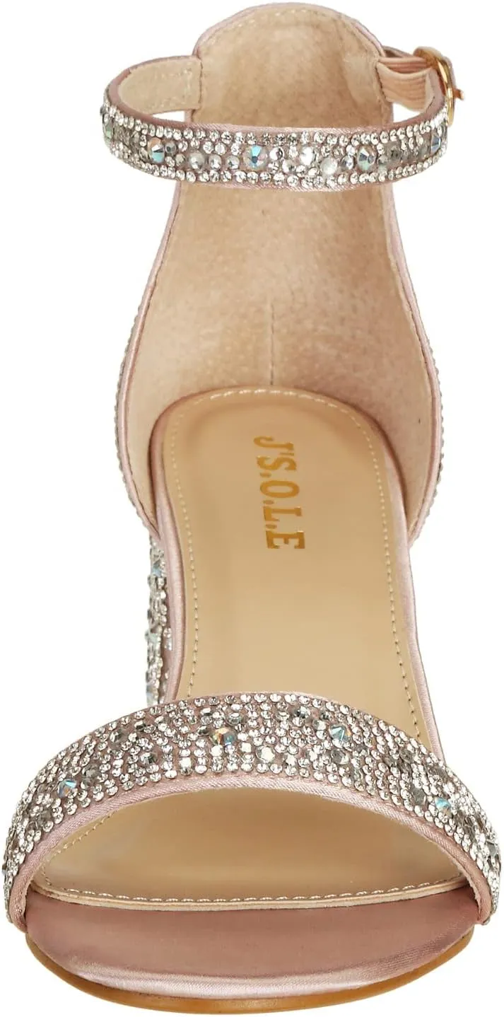 J's.o.l.e Women's Fashion Ankle Strap Rhinestone Block Heeled Sandals Party Evening Prom Bridal Shoes