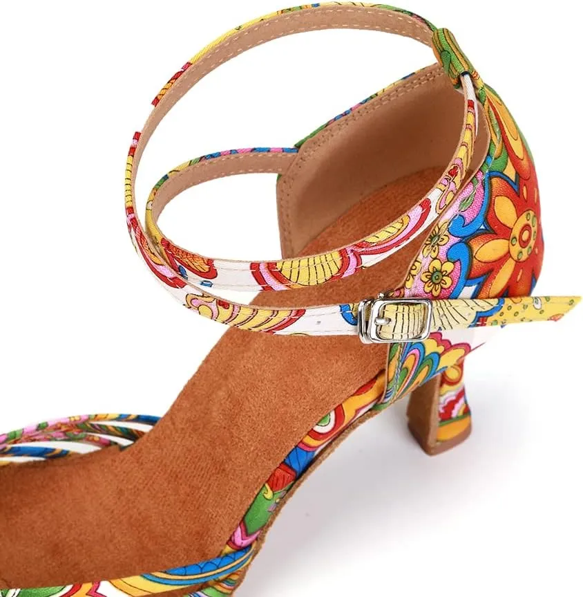JUODVMP Women's Latin Salsa Shoes Colorful Print Satin Cross-Strap Ballroom Heels Model L255