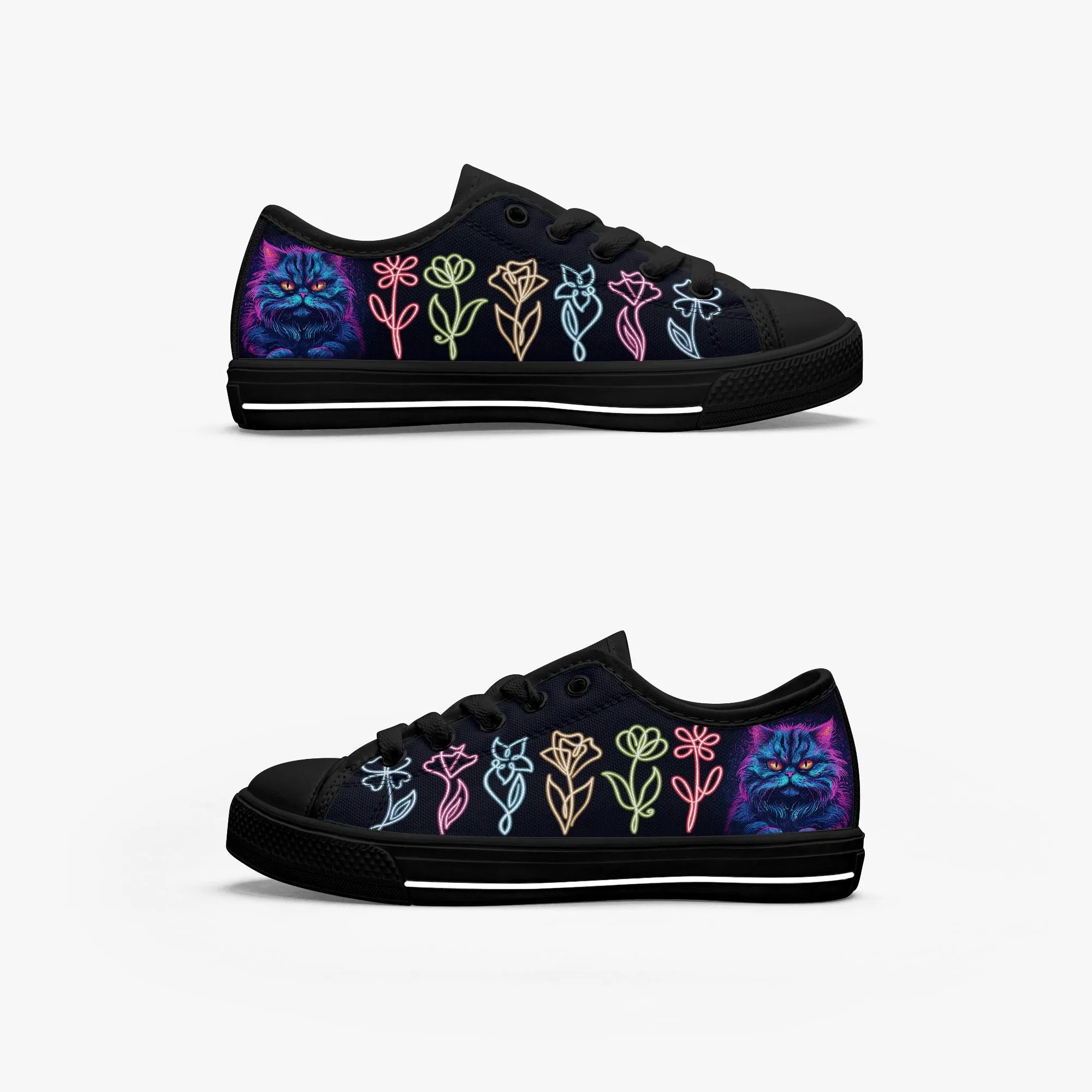 Kid’s Low-Top Canvas Shoes-Black neon cat neon flowers