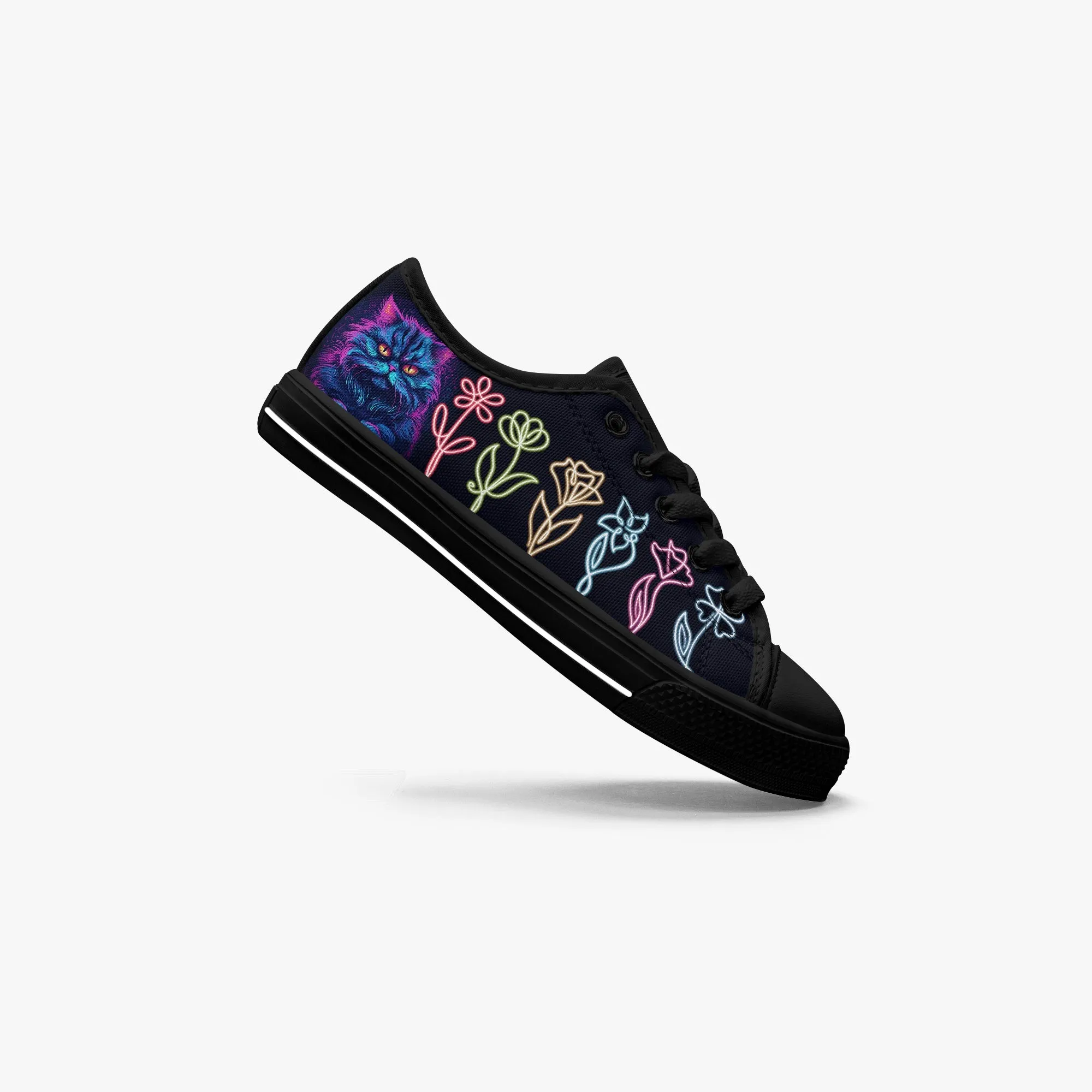 Kid’s Low-Top Canvas Shoes-Black neon cat neon flowers