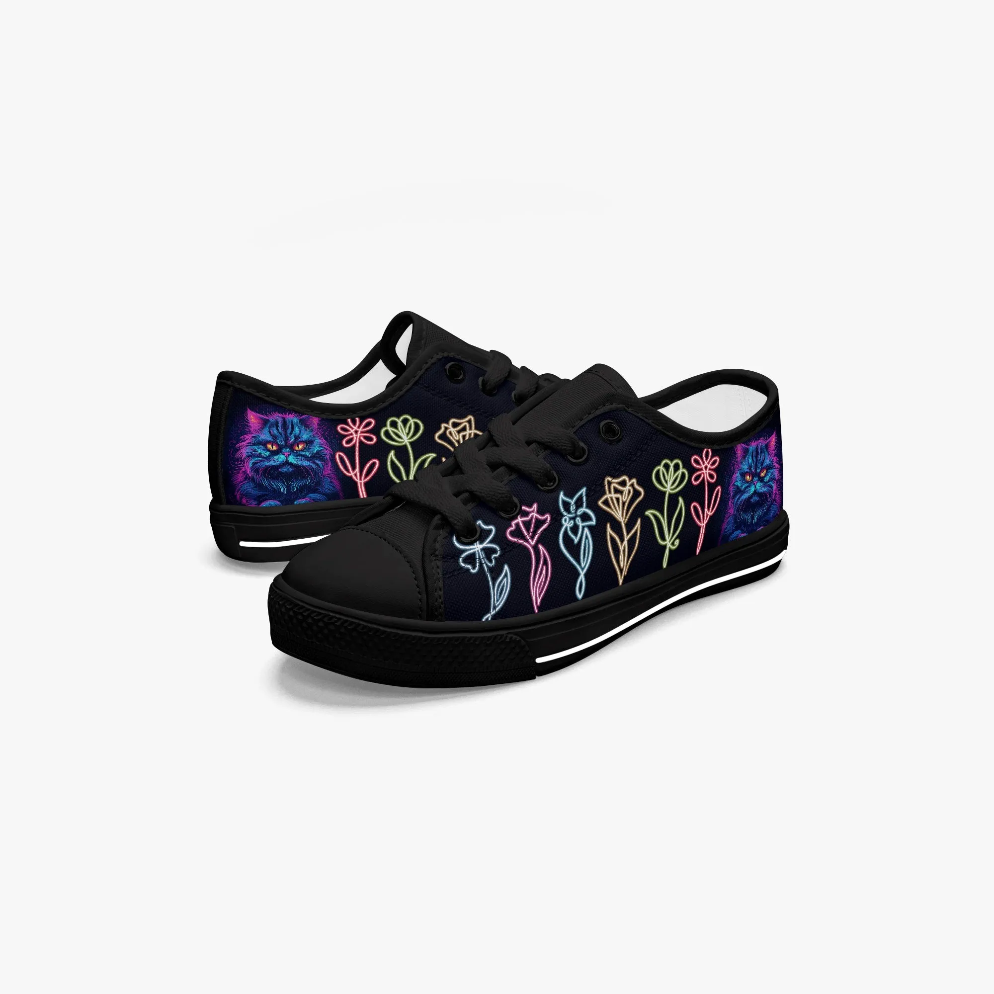 Kid’s Low-Top Canvas Shoes-Black neon cat neon flowers