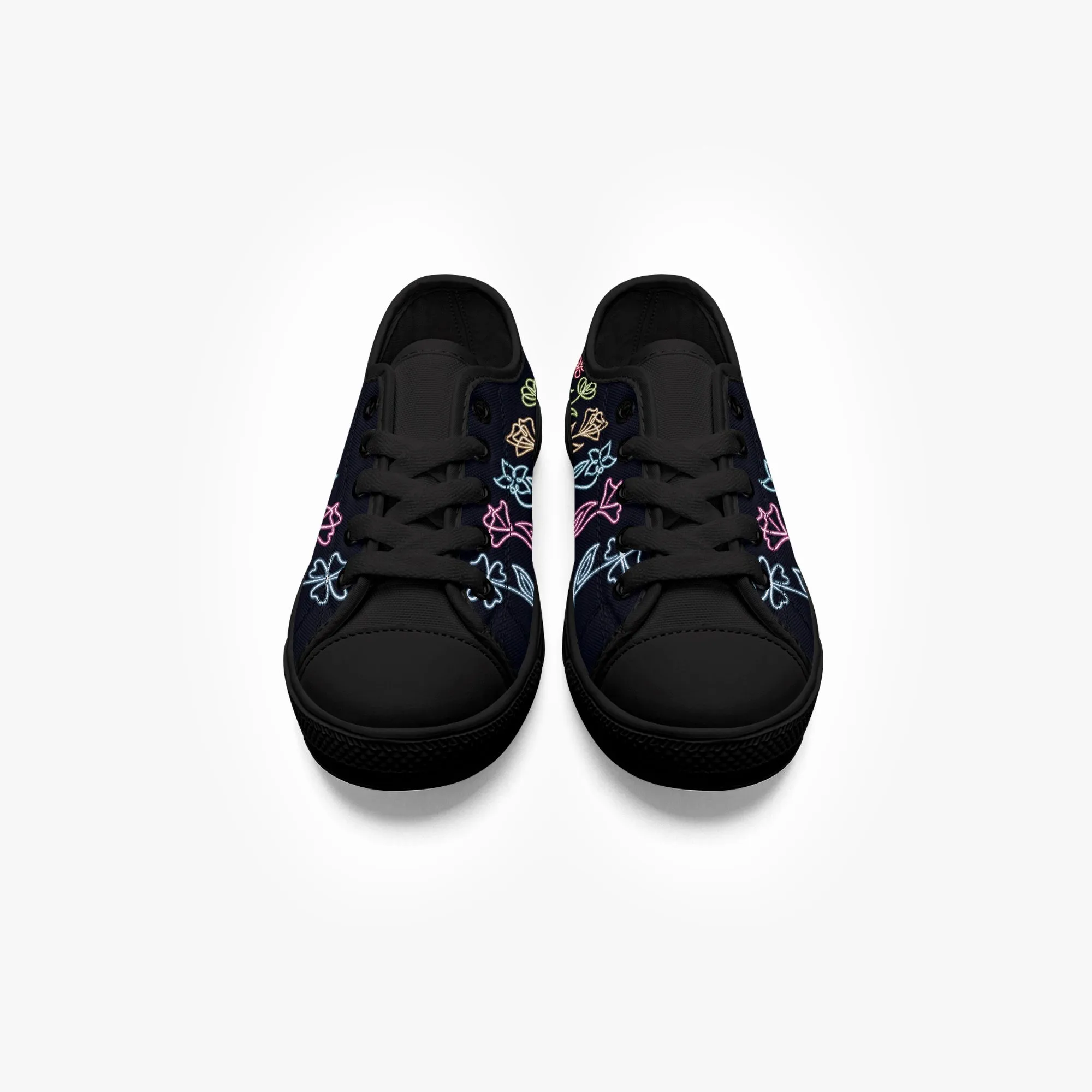Kid’s Low-Top Canvas Shoes-Black neon cat neon flowers